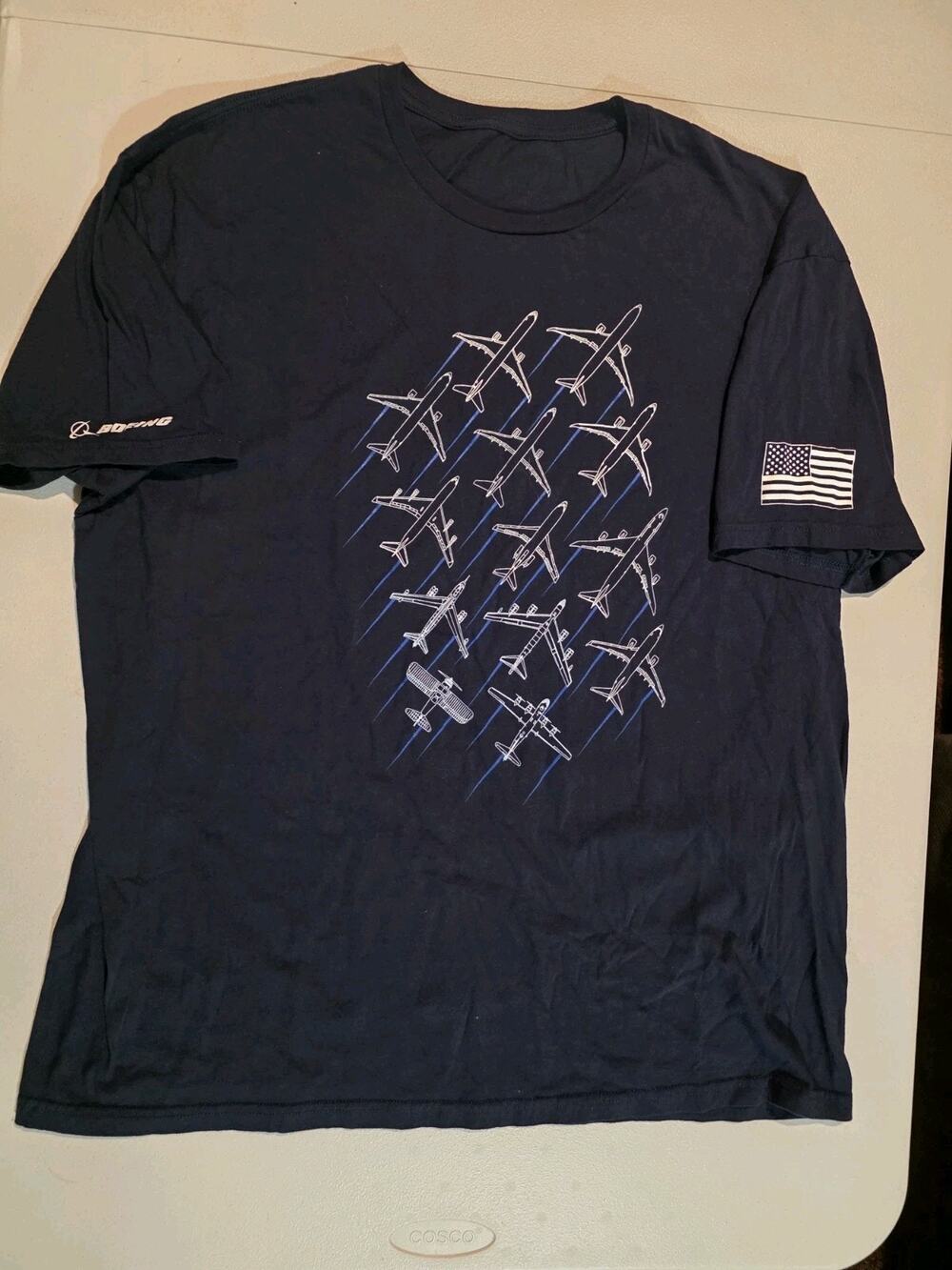 Boeing Airplane Graphic T Shirt Mens Large Navy USA Flag Sleeve Aviation Tee